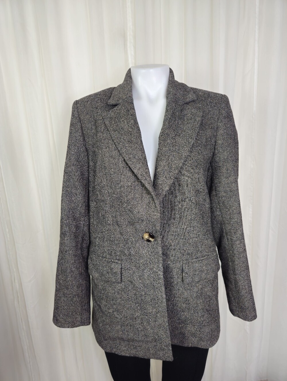 ZARA Dark Gray/Brown Oversized Herringbone Tweed Blazer Jacket Wool Size XS